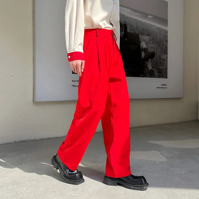 Red Suit Pants Men Fashion Social Mens Dress Pants Korean Loose Straight Wide Leg