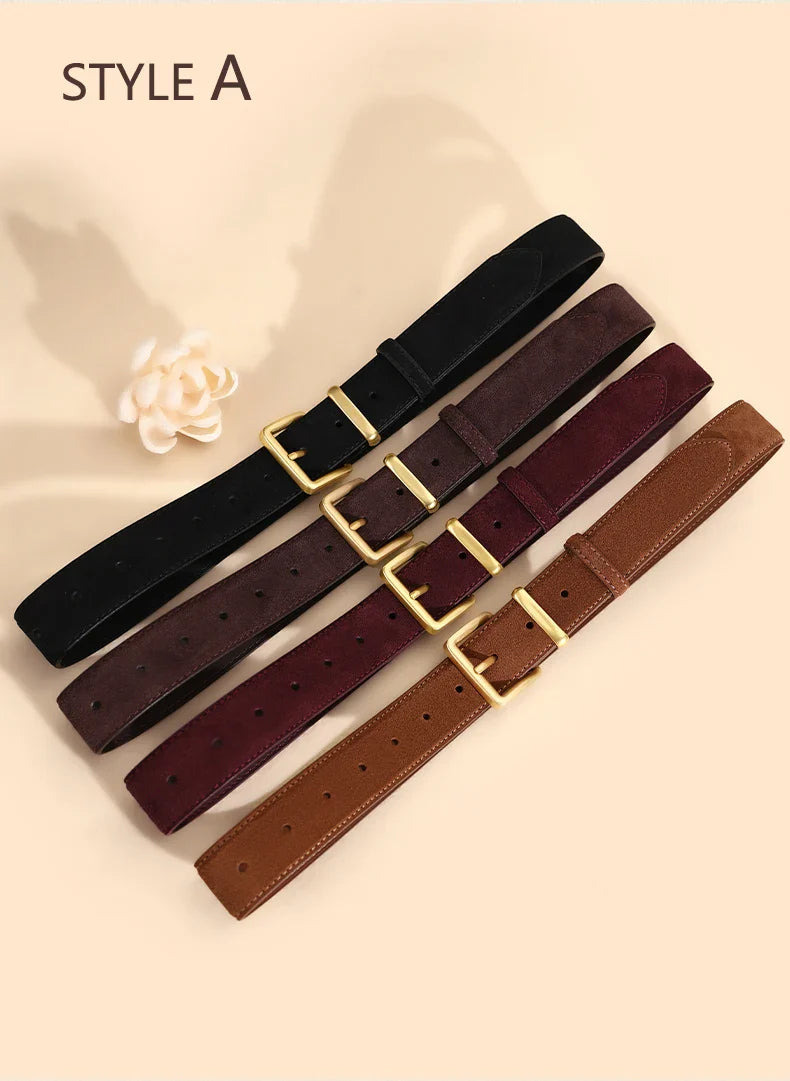 Luxury Suede Cowhide Leather Belt for Women, Vintage Style with Gold Buckle, 3.3cm Wide Waistband for Dresses & Jeans