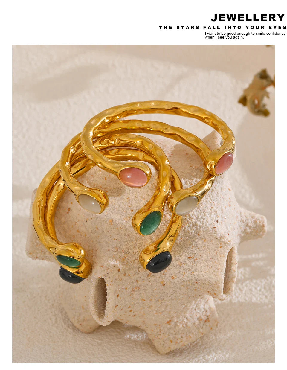 Yhpup 62mm High Quality Stainless Steel Multicolored Natural Stone Golden Cuff Open Bracelet Bangle Water Resistant Jewelry