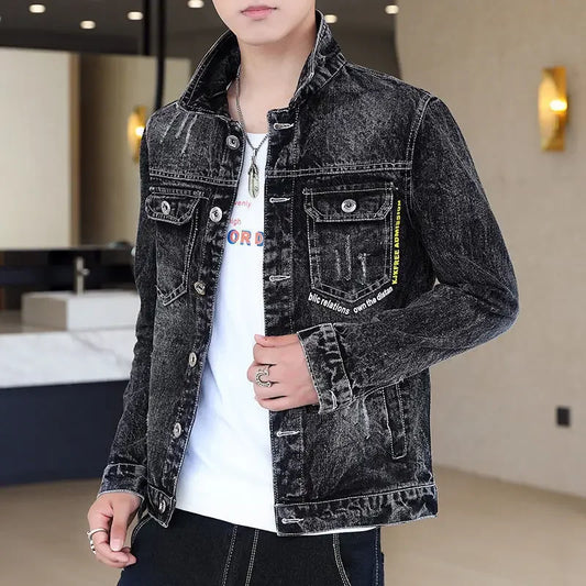 Male Jean Coats Slim Fit with Print Men's Denim Jacket Punk Lxury Clothing Large Size