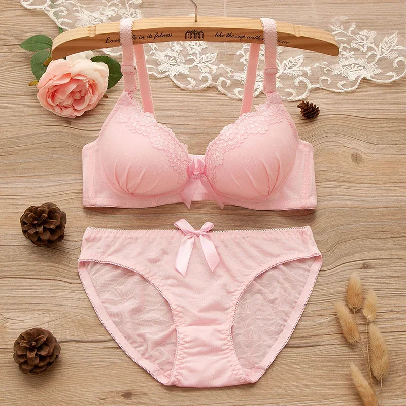 Girl Sweet Wireless Bra Lace Bows Underwear Sets Breathable Small Breast Bralette