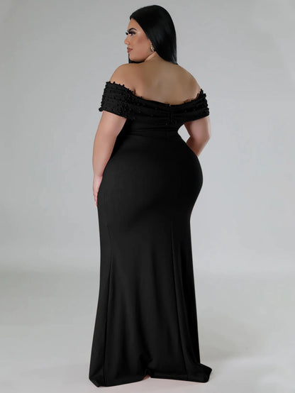 Elegant Women Long Evening Party Dress Sexy Beading Off Shoulder Pakage Hip Robes Formal Wedding Guest Celebrate Plus Size 5XL