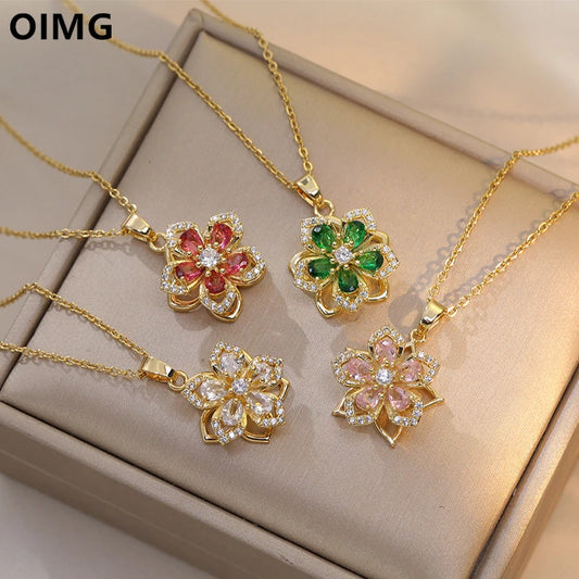 Stainless Steel Gold Plated Romantic Rotatable Flower Zirconia Pendant Necklace