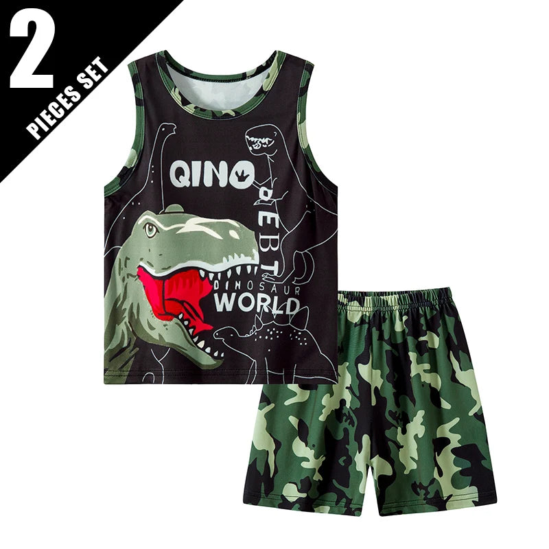 2-Piece Boy Summer Fun Printing Set Children's Casual Joker Camo Dinosaur Vest Girl Fashion Holiday Comfort Shorts T-shirt Set