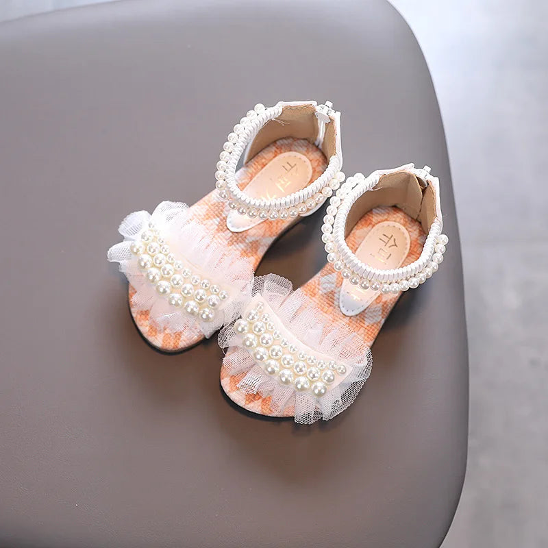 Girls Sandals Summer Fashion Pearl Lace Princess Shoes Flat Heels Kids Beach Sandals
