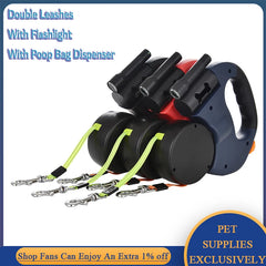 3M Dog Leash with Poop Bag Dispenser Double Leashes with Flashlight Retractable