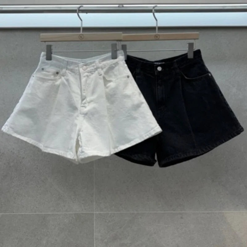 REALEFT Summer Washed High Waist Women's A-line Denim Shorts Pocket White 2025 New Casual Loose Wide Leg Jeans Shorts Female