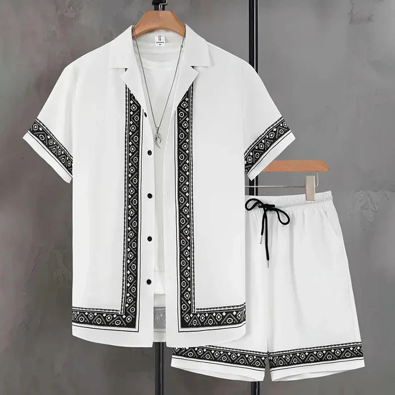 2024 New Men's Summer Holiday Suit Retro Textured Printed Border Shirt Short Sleeve Shorts Two Piece Men's Breathable Pool Suit