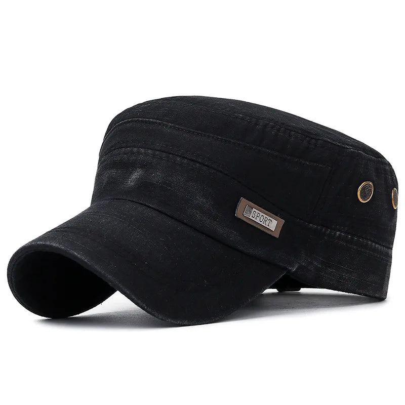Vintage Washed Cotton Military Caps Flat Top Baseball Cap Adjustable Fitted Thicker Cap Sun Protection Men Women Cadet Army Cap