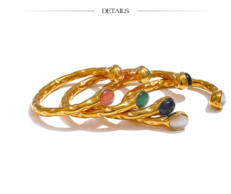 Yhpup 62mm High Quality Stainless Steel Multicolored Natural Stone Golden Cuff Open Bracelet Bangle Water Resistant Jewelry