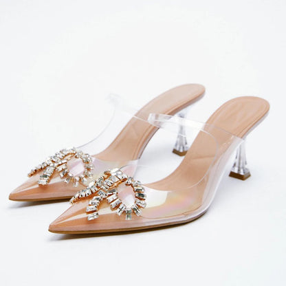 TRAF 2024 Summer Transparent High Heels Women's Pumps Rhinestone Heeled Clear Heels Sandals Woman Elegant Butterfly Woman heeled
