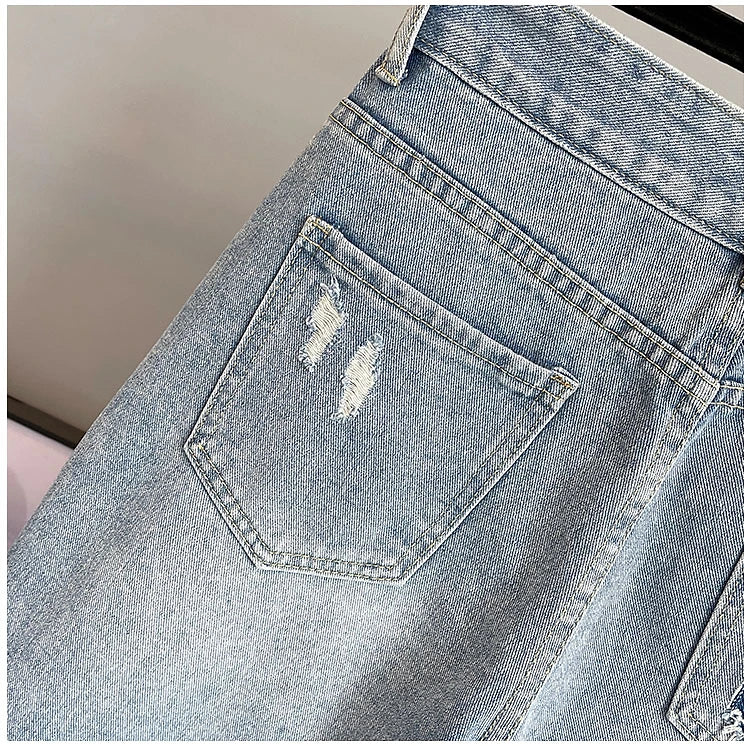 Colorful Diamond Studded Nail Bead Ripped Jeans Blue High Waisted Loose Shorts Shiny Fashionable Versatile Casual Trousers