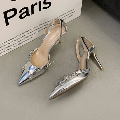 Y2K Silver High Heels Sandals Women Summer 2024 Punk Goth Pointed Toe Party Shoes Woman Metallic Thin Heeled Dress Pumps Ladies