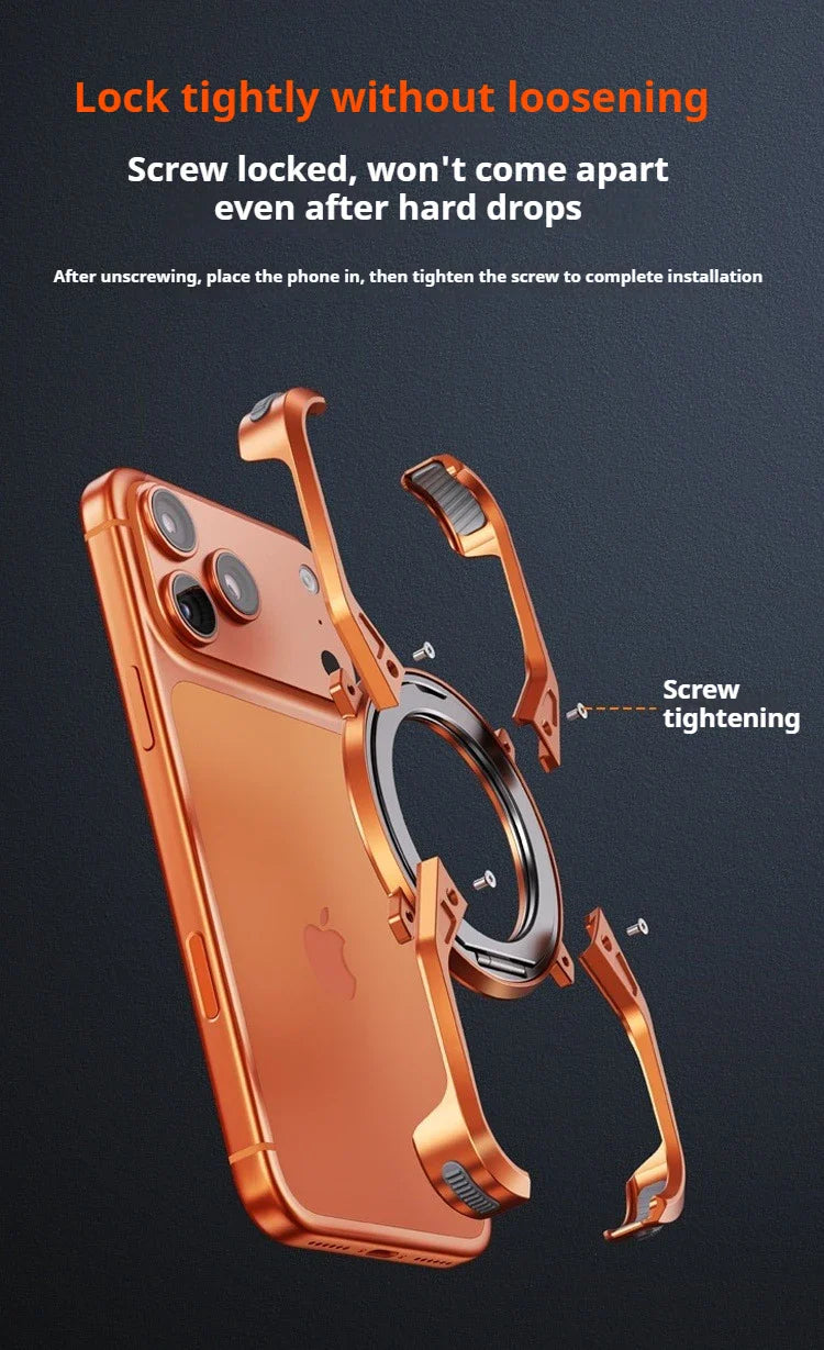 Metal Alloy Punk Frame Phone Case For iPhone 17 16 15 14 13 Pro Max 360 Rotating Bracket Magsafe Ring Magnet Stand Bumper Cover