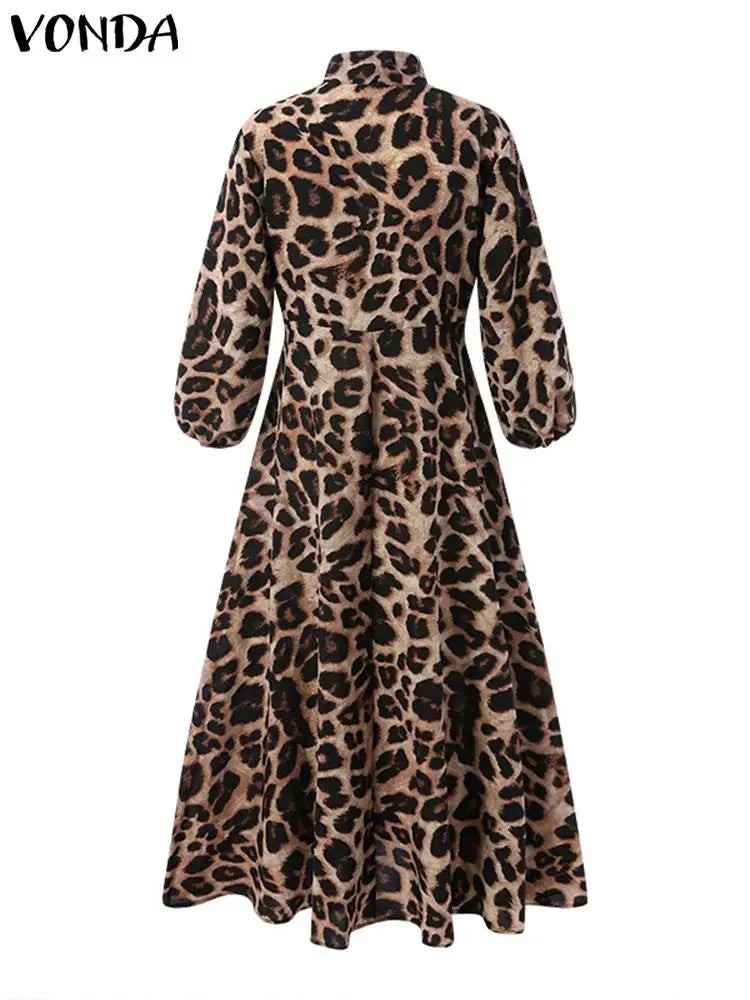 Plus Size 5XL VONDA Bohemian Dress Elegant Women Leopard Print Dress 2024 Long Lantern Sleeve Loose V Neck Casual Party Sundress