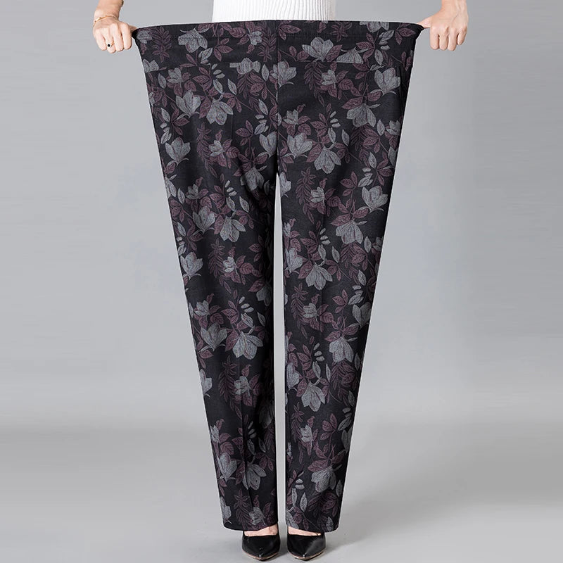 Middle-aged Women Trousers Print Elastic High Waist Casual Pants