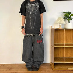 Street Vintage Jeans Y2K Harajuku Wash Black Multiple Pockets Baggy Jeans