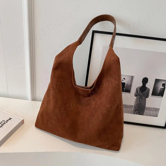 Vintage Women's Bag Suede Shoulder Bag Simple Tote Handbag Large Capacity