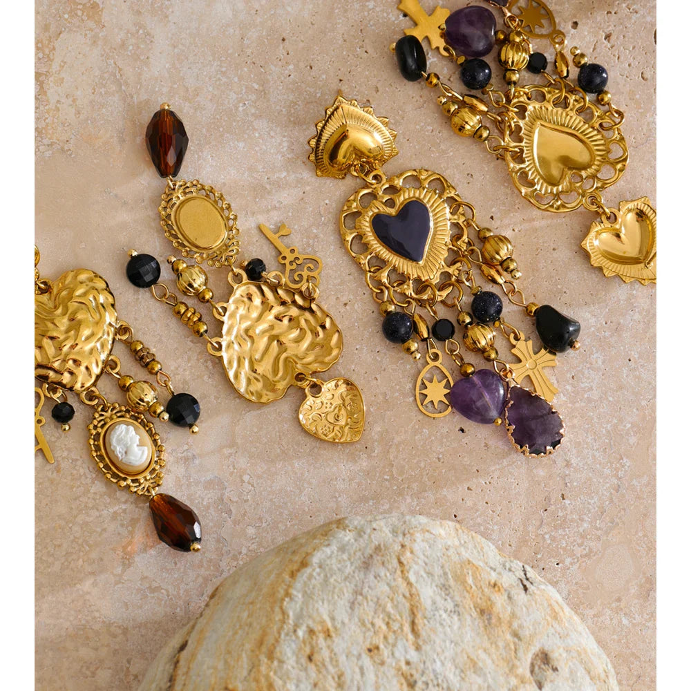 Yhpup Vintage Stainless Steel Heart Cross Key Charm Pendant Drop Earrings Golden Plated Crystal Resin Stone Waterproof Jewelry