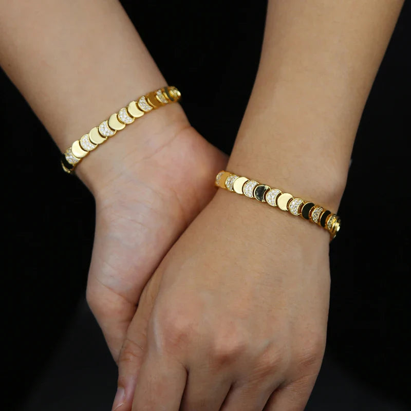 Gold Color Fashion Women Jewelry Set Geometric Shiny Plain Paved 5A CZ Moon Shaped Chain Choker Necklace Bracelet