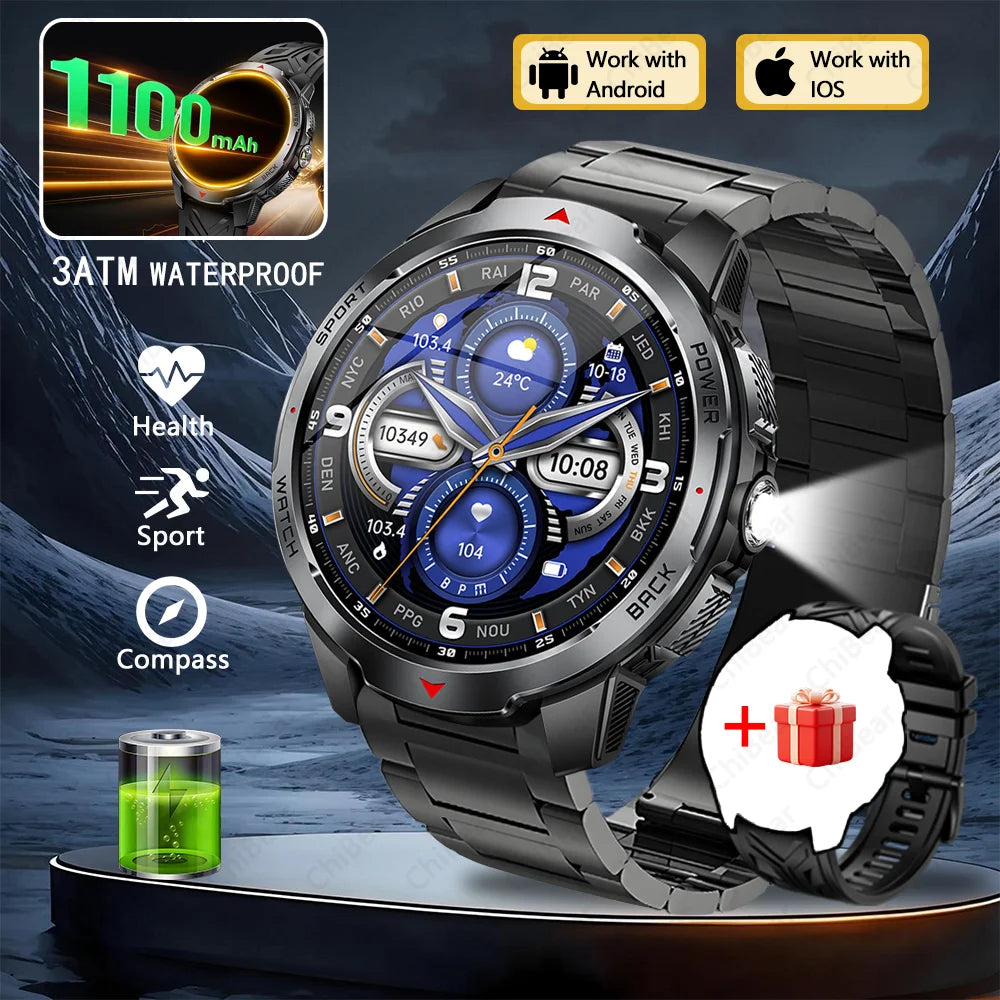 1100mAh Military Outdoor Smart Watch Men 1.7-inch Large Display Compass Sports Watch IP68 Waterproof Bluetooth Call Smartwatch
