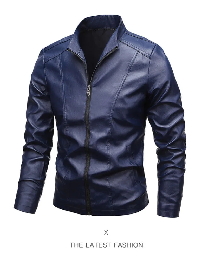 Men Leather Coat Vintage Classic Stand Collar Male Faux Leather Jacket
