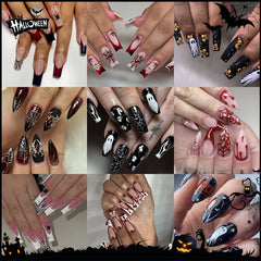 24Pcs Heavy Metal Halloween False Nail Tips Sliver Spider Design Handmade Full Cover