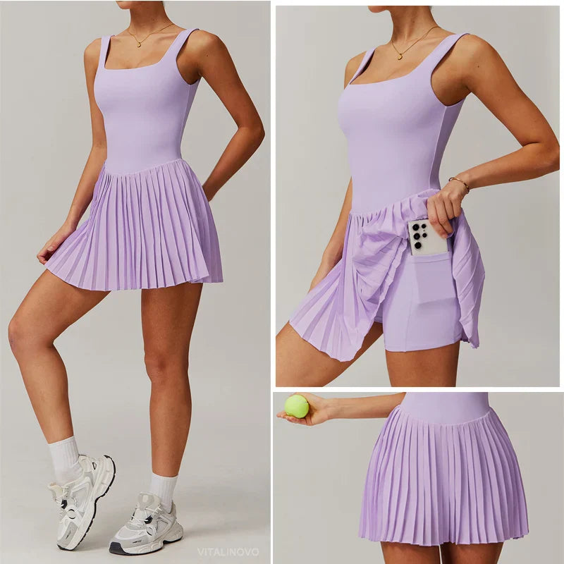 VITALINOVO Workout Tennis Dress with Built in Shorts Square Neck Padded Workout Dress with Pockets Golf Athletic Mini Dresses