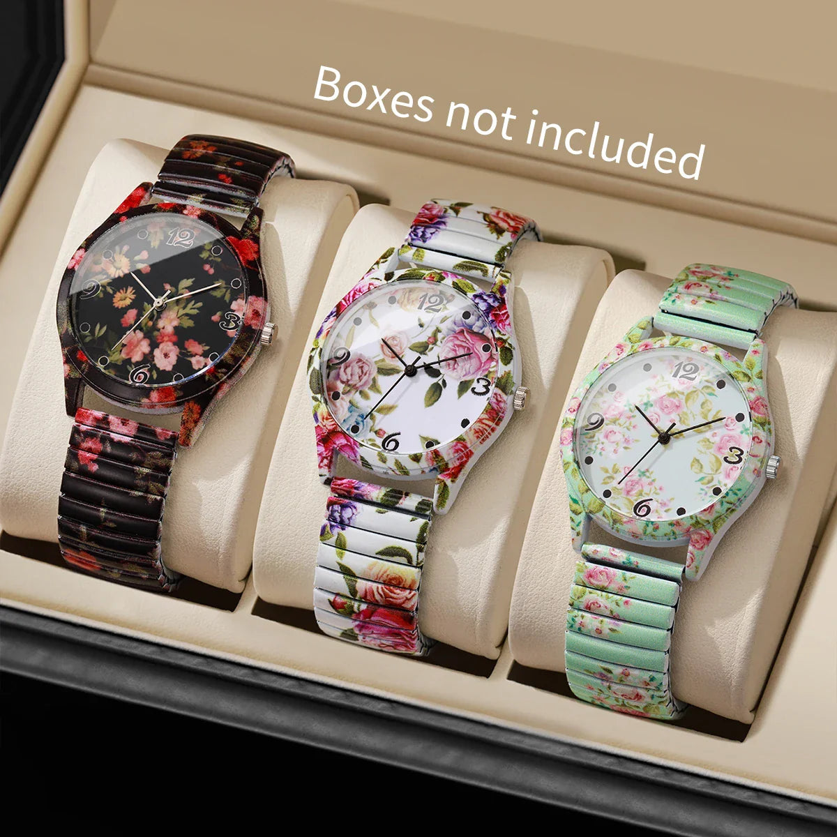2/3PCS Fashion Flower Printed Women Quartz Wristwatches Set Ladies Casual Elastic Strap Arabic Dial Watch（Without Box）