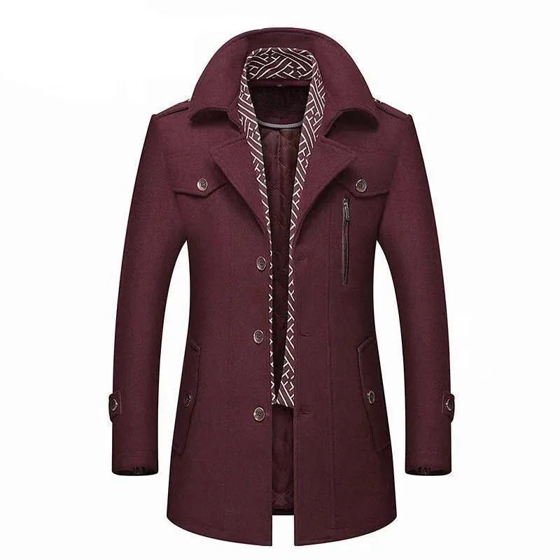 Winter Men Wool Coats Fashion Middle Long Scarf Collar Cotton-Padded Thick Warm
