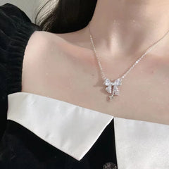 Bowknot Pink Zircon Cross Pendant Necklaces Fashion Temperament