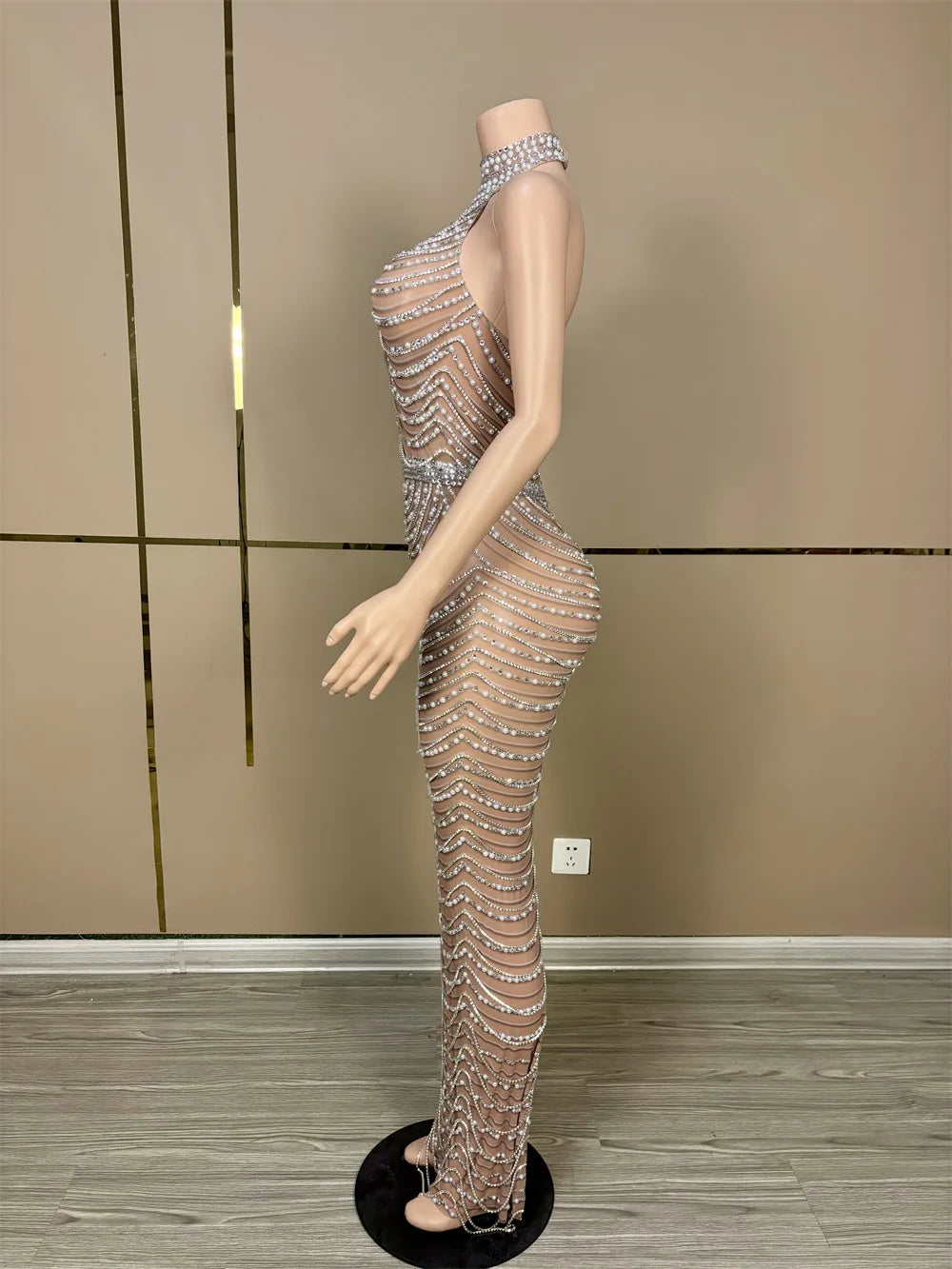 Evening Dresses: Sparkly Rhinestone Pearl Halter Stretch Long Dress Women