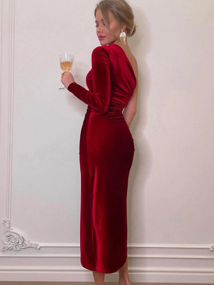 Evening wear Dresses: Long Sleeve One Shoulder Ruched Velvet Midi Dress