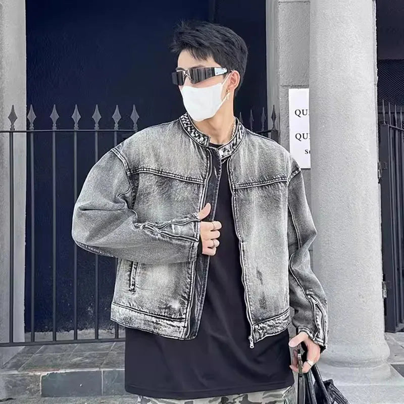 American Retro Industry Short Denim Jacket Men Loose Washed Wear Zipper Racing Coats