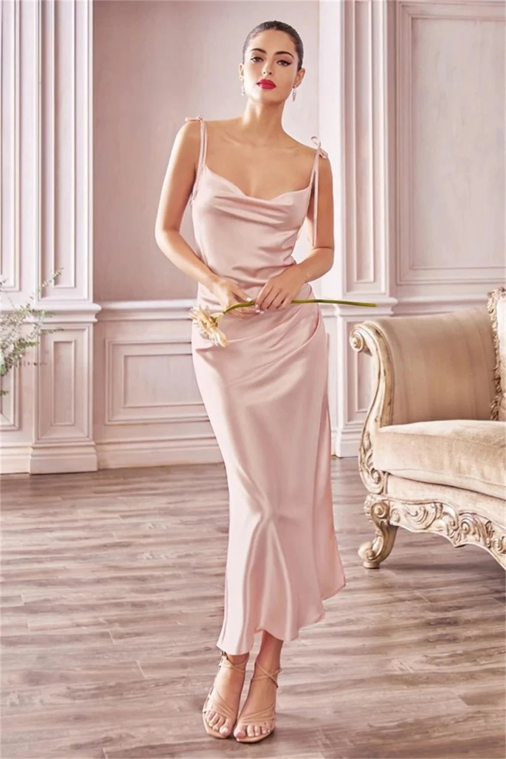 Formal attire Dresses: Green Cowl Neck Tie Straps Satin Beach Midi
