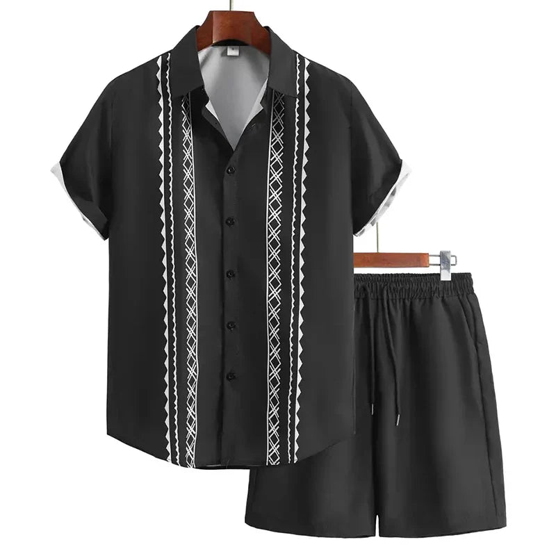 2024 New Men's Summer Holiday Suit Retro Textured Printed Border Shirt Short Sleeve Shorts Two Piece Men's Breathable Pool Suit