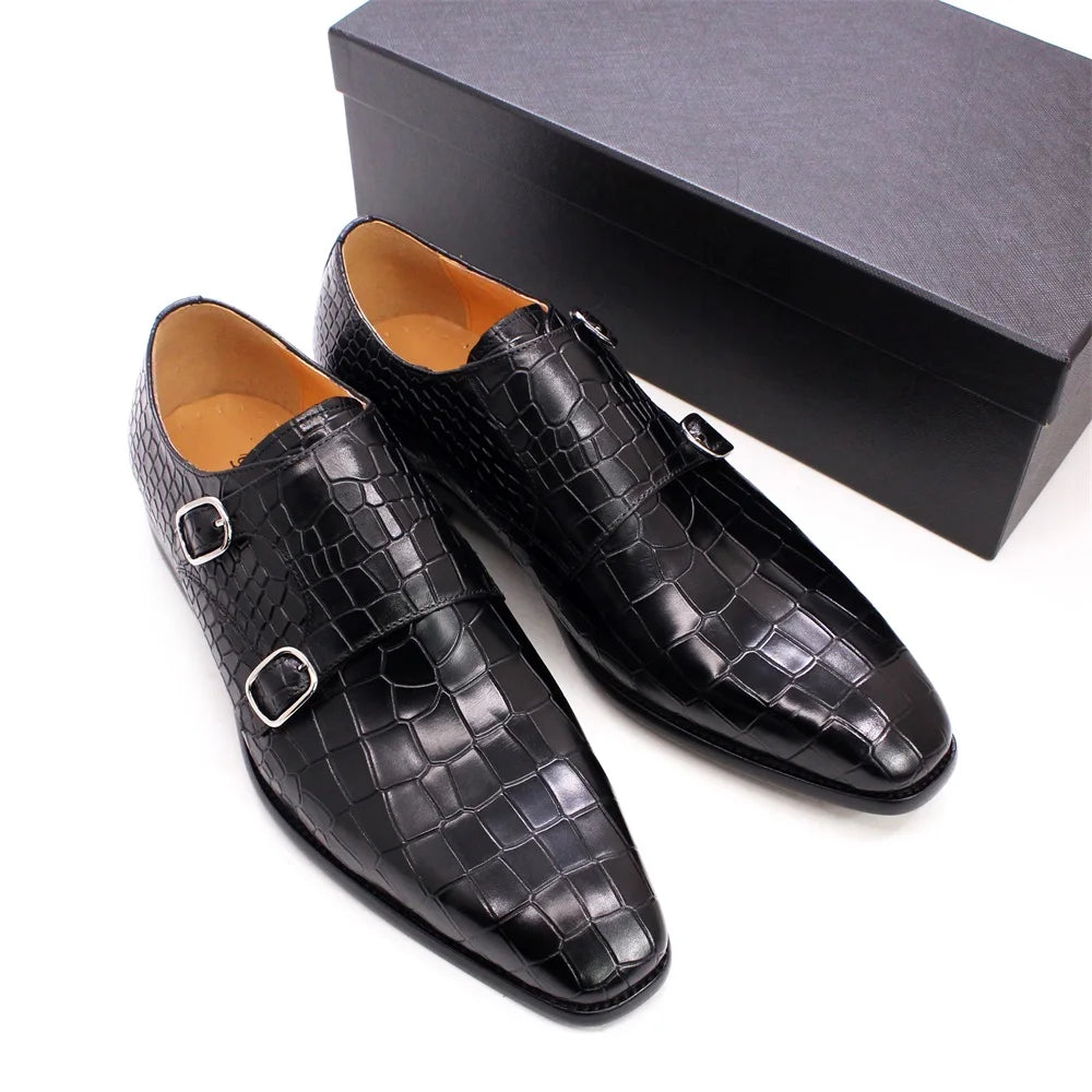 Men's Luxury Italian Mens Shoes Real Leather Pointed Toe Double Buckles Alligator Parrint  Formal Business Black Shoes for Male