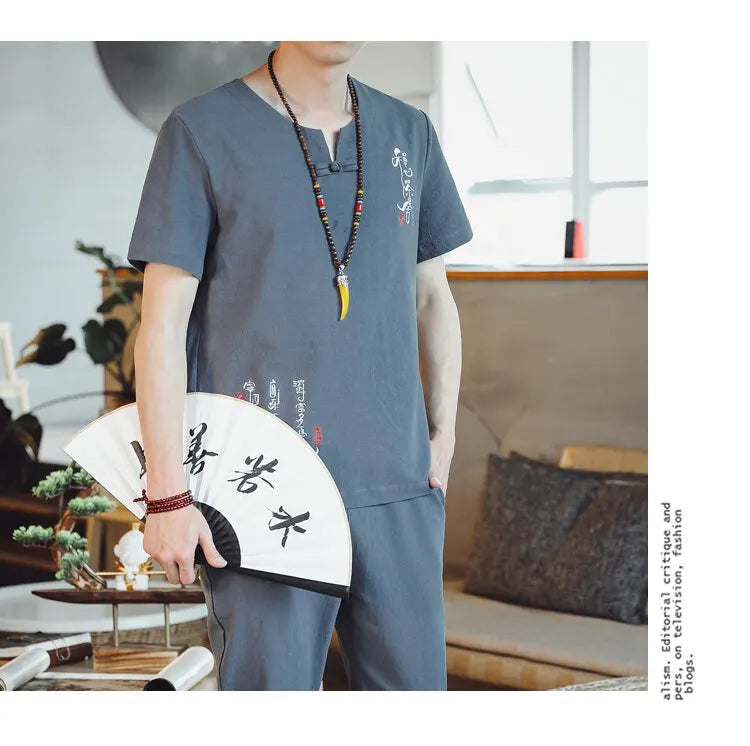 (Shirt + trousers) 2025 summer Chinese Style men shirt Cotton and linen shirts men's High quality casual shirts Two Piece M-5XL