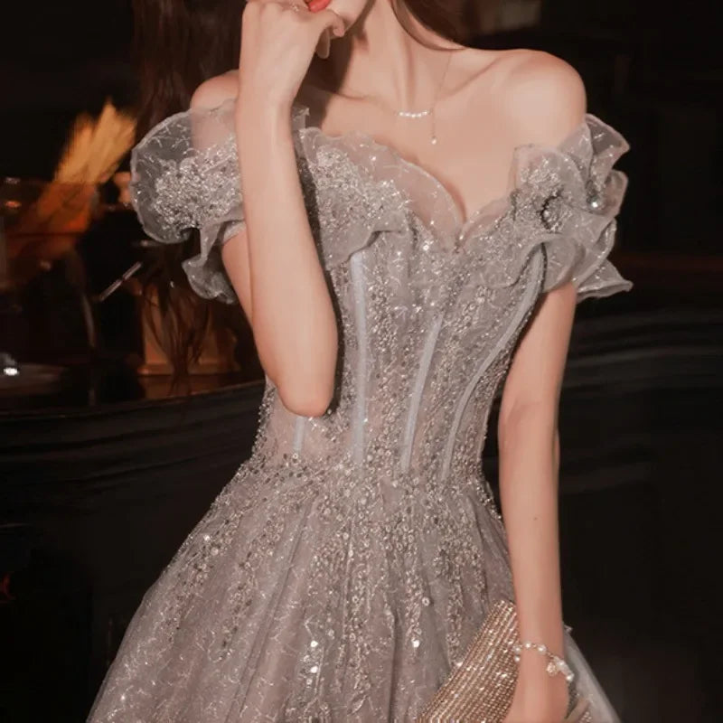 Homecoming Dresses: Gray Evening Dress Off Shoulder Shiny Sequin Lace A-line