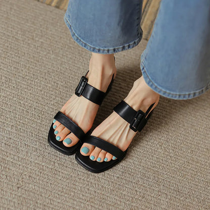 2023 Summer Women Shoes Open Toe Shoes Women Sandals Square Heel Genuine Leather Chunky Heel Med Heel Sandals Heels Cow Leather