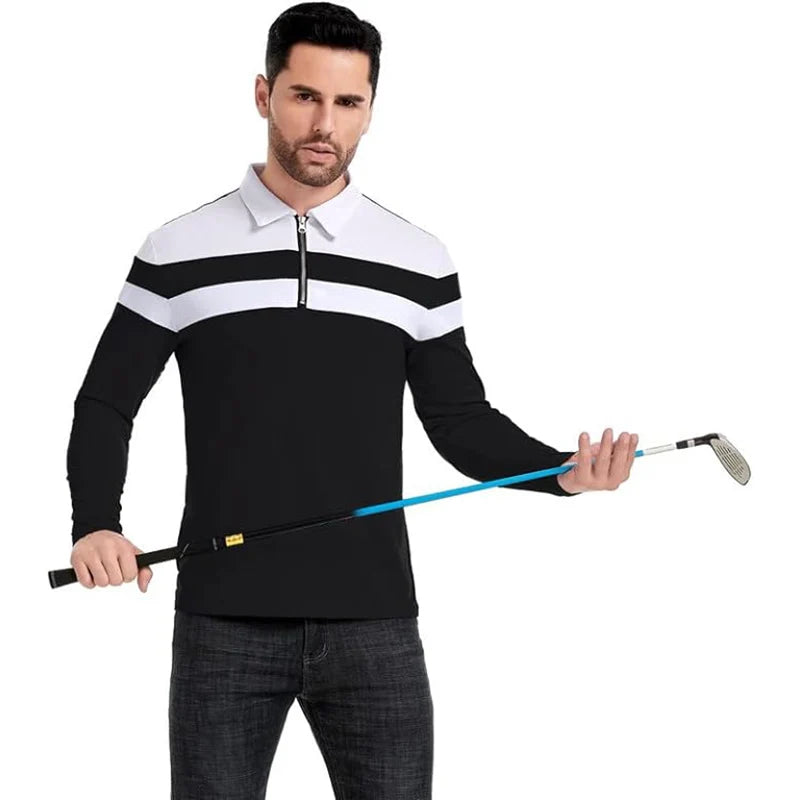 Men's Long Sleeve Striped Polo Shirts 1/4 Zip Cotton Patchwork Collared Shirt Casual Fashion Pullover Slim Fit Golf Shirt