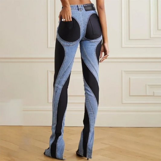 Women's jeans, colour blocking, slimming cotton pencil trousers