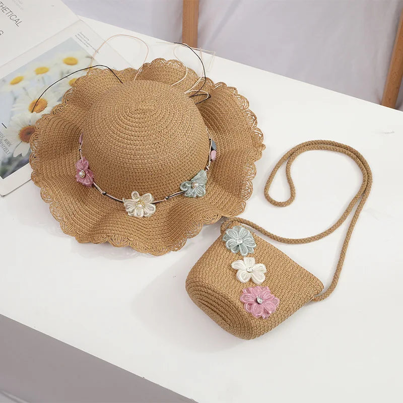 little girls summer straw sun hats and straw shoulder bags