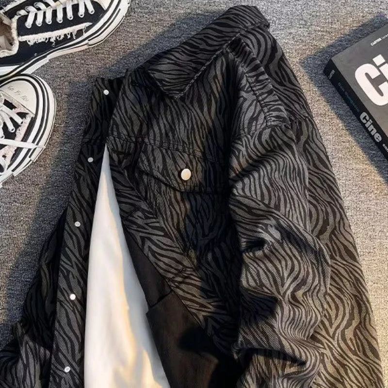 Men's Denim Jacket Black Striped Autumn Male Jean Coats Button Korean Popular Clothes