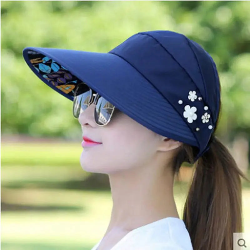 Summer Women Wide Brim Empty Top Hats Flower Pearls Floppy Foldable Sun Protection Hats Outdoor Beach Tour Visor Baseball Cap