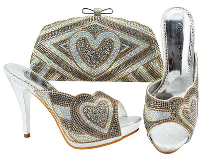 Italy Shoe And Bag For Women ladies High Heel Italian Design Shoe With Matching Bag Special heart-shaped applique diamonds Shoes