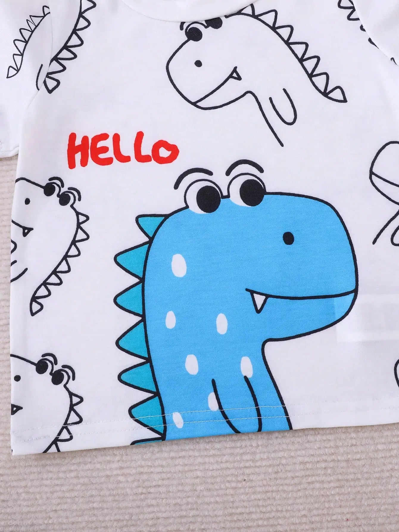 Summer 2-Piece Set New Casual Outdoor Comfort Breathable Cute Dinosaur Print Round Neck Short-Sleeved Denim Shorts Fashion Suit