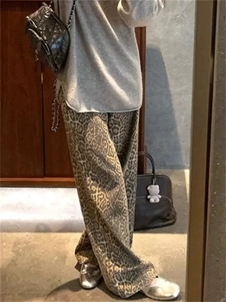 Leopard Cargo Jeans Pant Women Y2K Street Fashion Loose Female Denim Pants