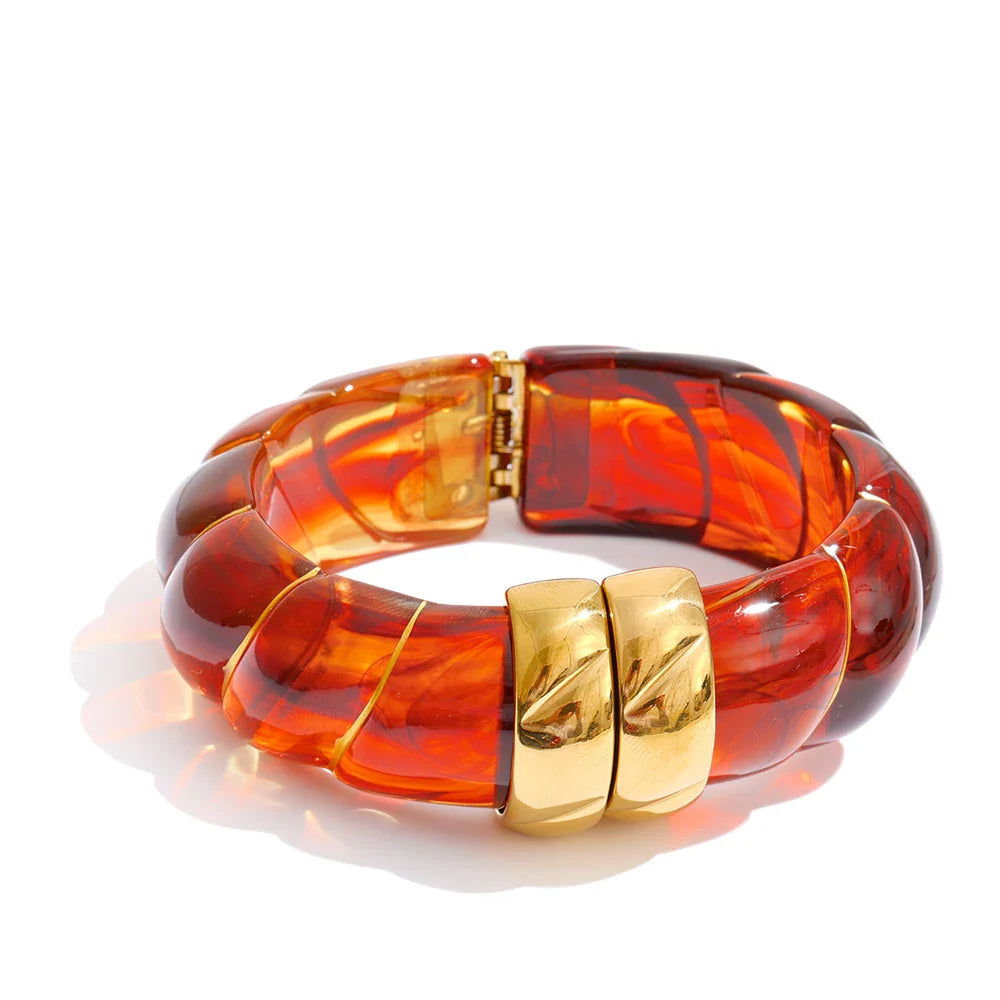 Yhpup Exclusive Multi-Color Acrylic Resin Wide Statement Bracelet Bangle Stainless Steel Autumn Winter Sweater Wrist Jewelry