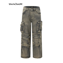 Wasteland Style Multi Pocket Denim Workwear Pants Men's Loose Straight Leg Pants